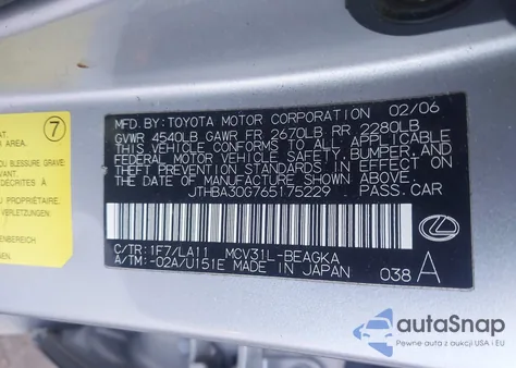 2006 Lexus Es 330 z USA, uszkodzony, nr VIN JTHBA30G765175229